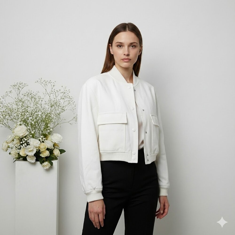Zara Cropped White/Off-White Bomber Jacket
